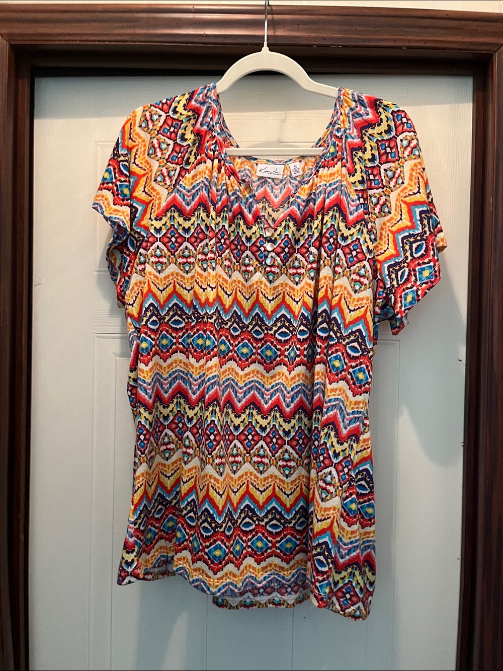 Kim Rogers Multicolor Aztec-Print Short Sleeve Blouse